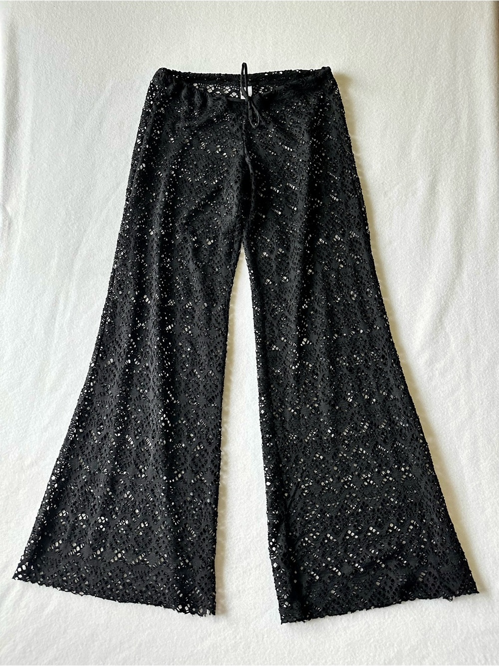 Bisou Bisou Women Mesh Beach Cover Up Pants Small Black Wide Leg Tie Waist